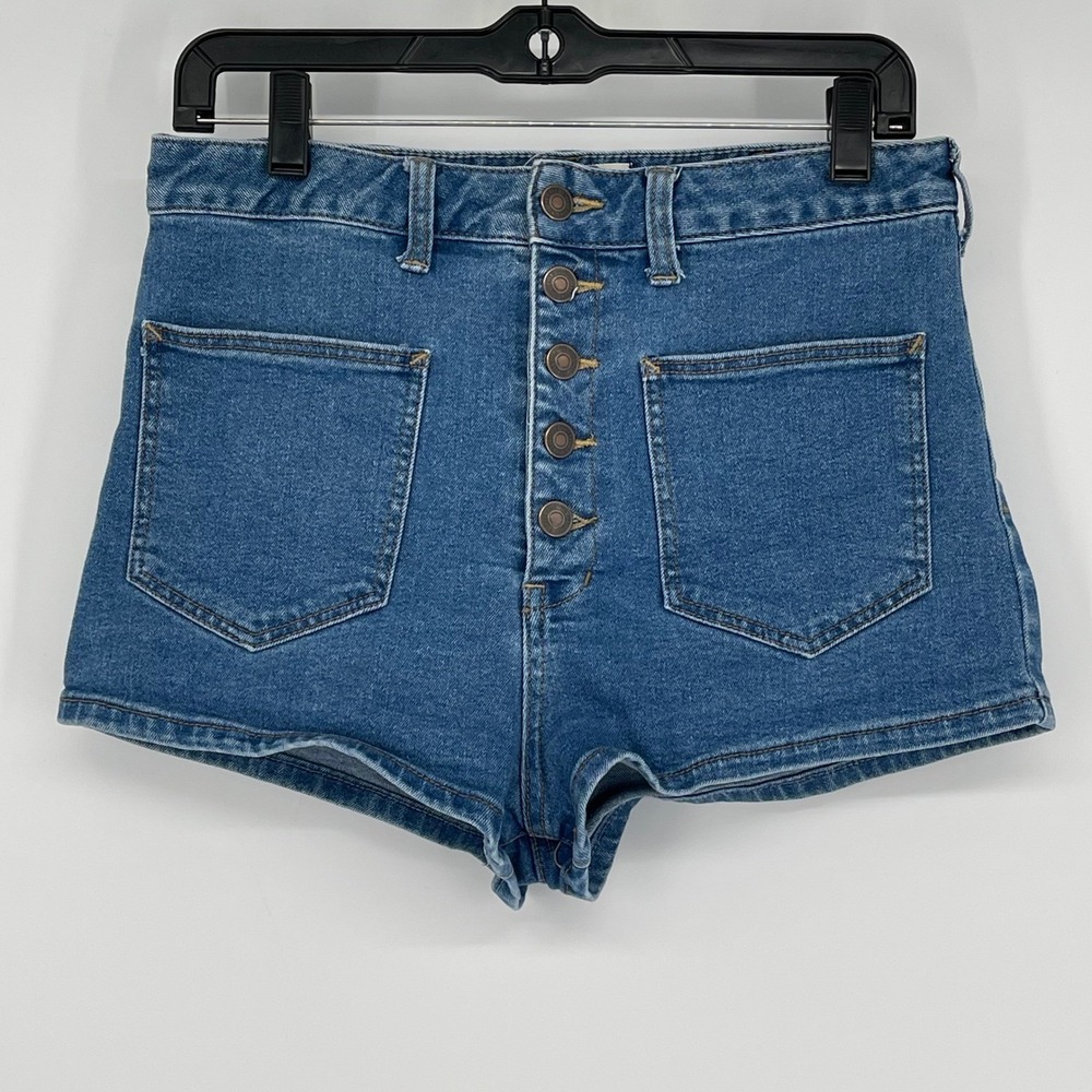 We The Free Free‎ People Blue Denim Button Fly High Rise Shorts Size 29 Long